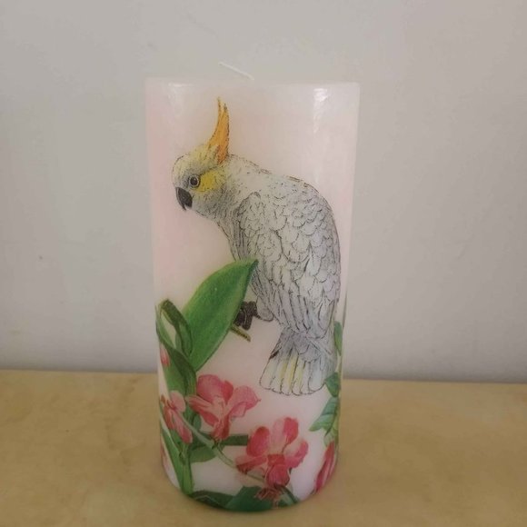 Tall Pillar Candle Cockatoo Floral Decoupage Unscented - Picture 3 of 6